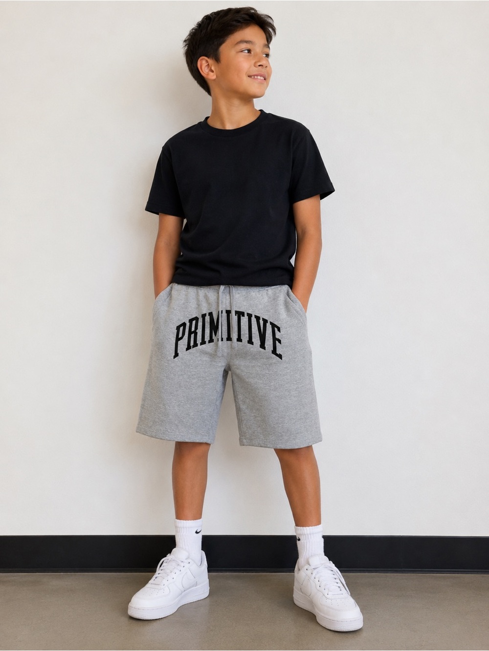 Primitive Light Gray Athletic Drawstring Shorts with Black Logo